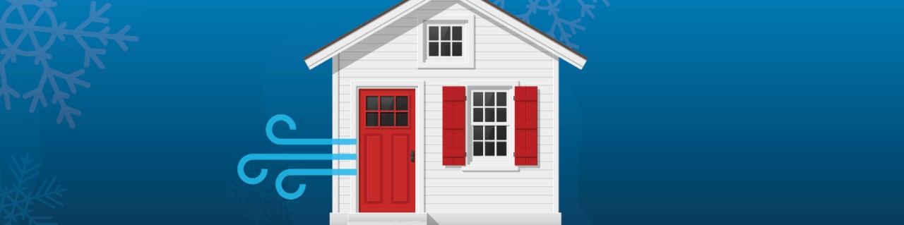 House in winter with snowflakes and a blue graidnet background